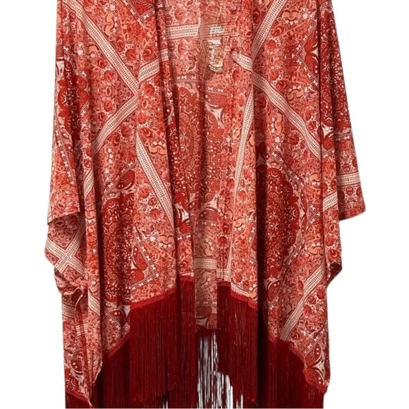 Ember Boho Fringe Kimono Cardigan Red Paisley Bandana Print Open Front Oversized - Picture 4 of 13